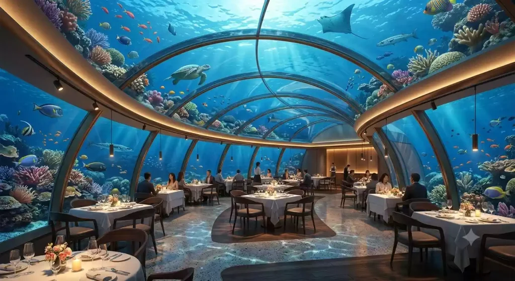 Concept design of the underwater restaurant at Poseidon Undersea Resort
