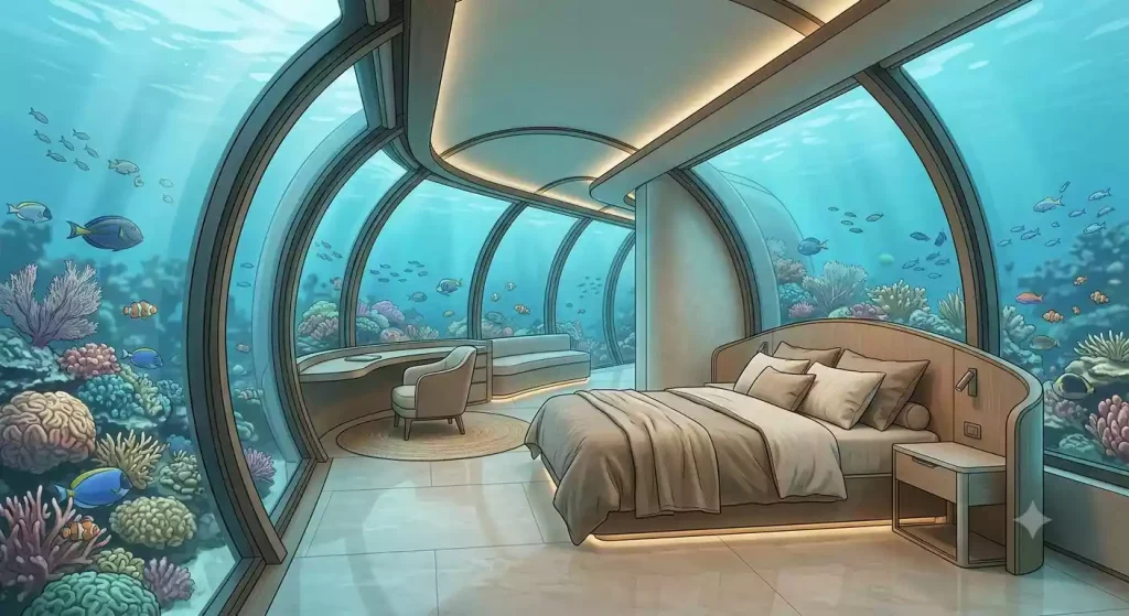 Concept design of an underwater suite interior at Poseidon Undersea Resort