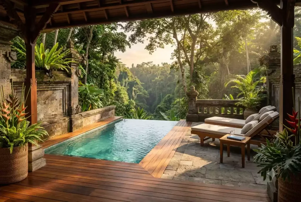Private villa terrace with plunge pool overlooking a jungle ravine in Bali