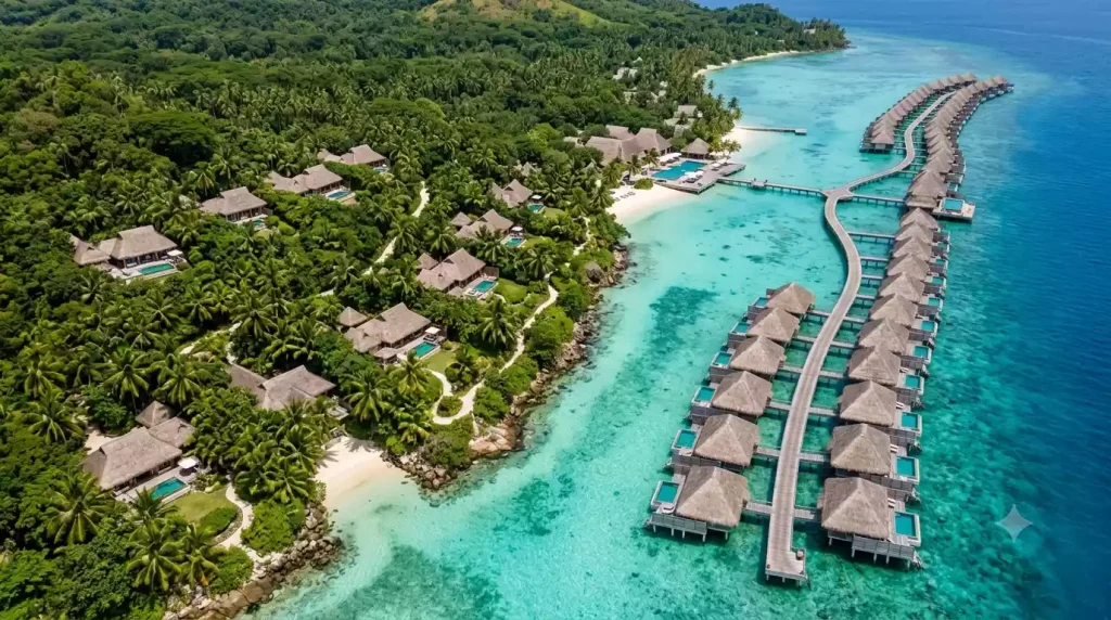 Aerial view comparing spaced private villas and closely spaced overwater bungalows