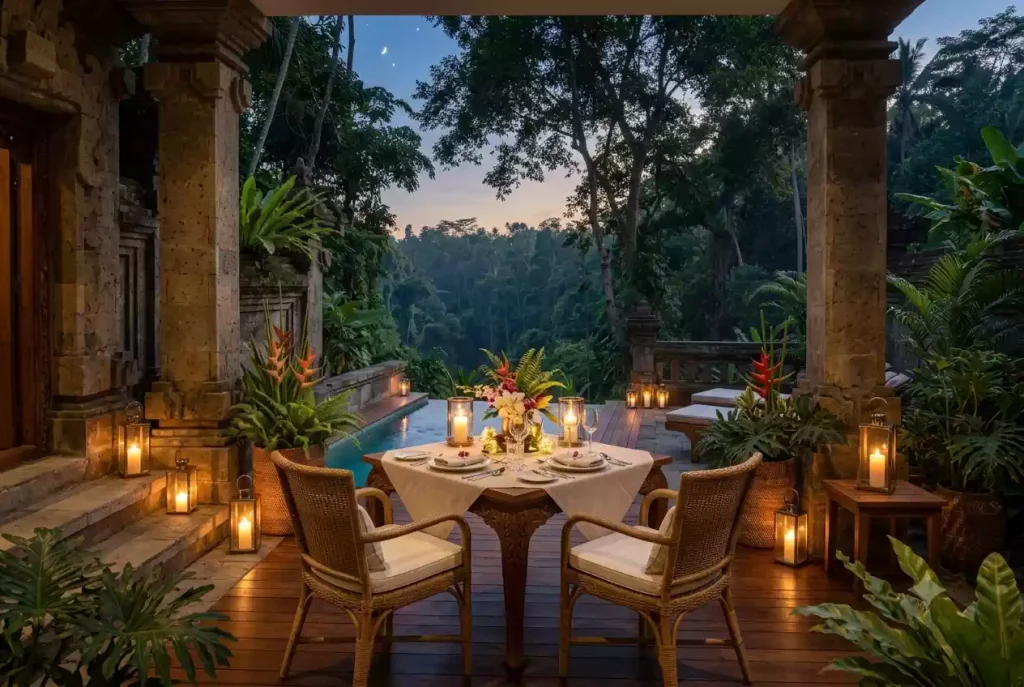 Candlelit private dinner table on a jungle villa terrace at dusk