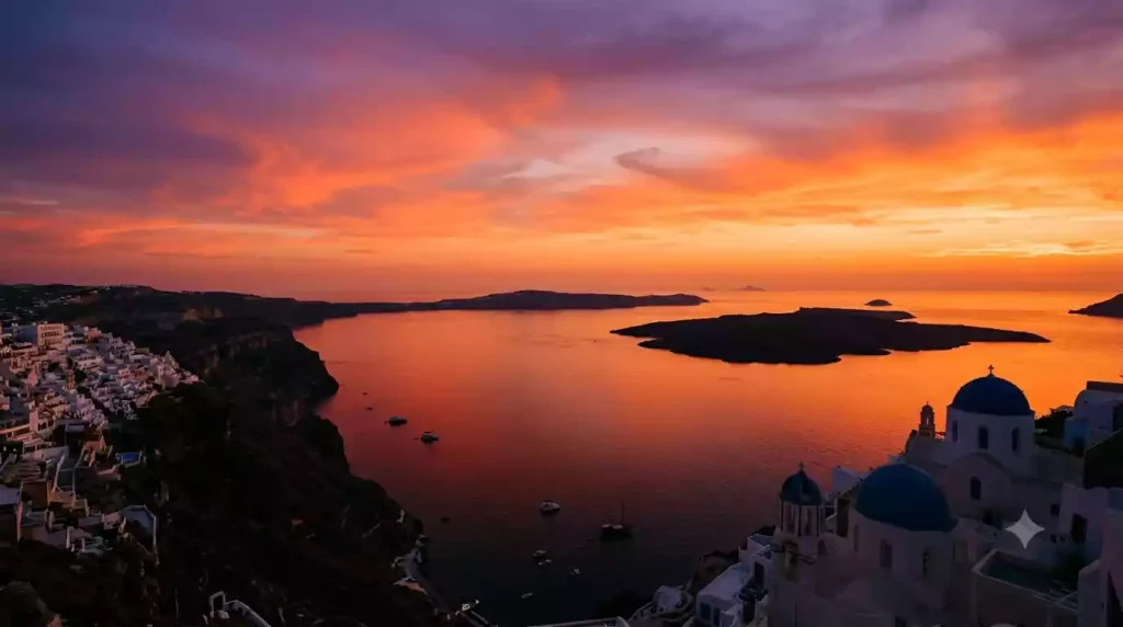 Santorini's caldera villages silhouetted at sunset