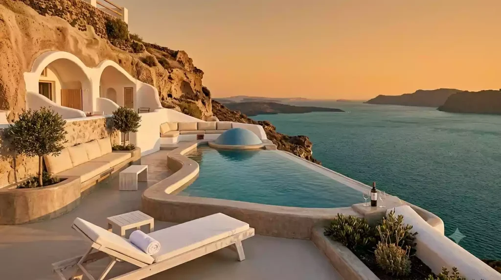 Cave hotel infinity pool carved into Santorini's caldera cliff