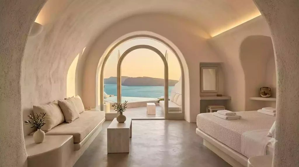 Interior of a Santorini cave hotel suite with caldera sea view