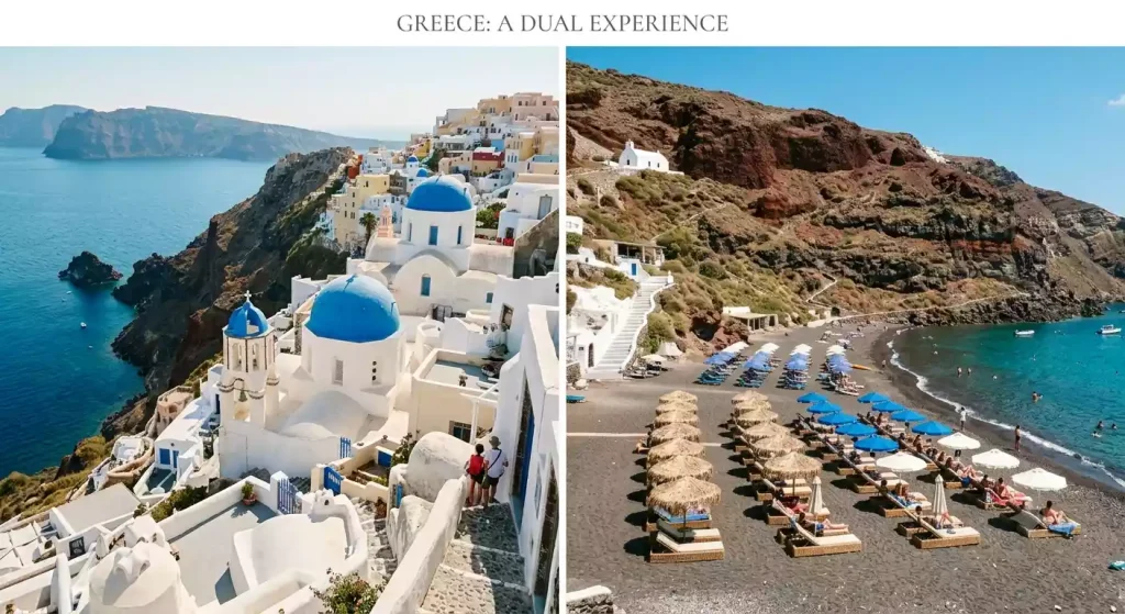 Comparing Santorini's caldera villages to Mykonos beach clubs