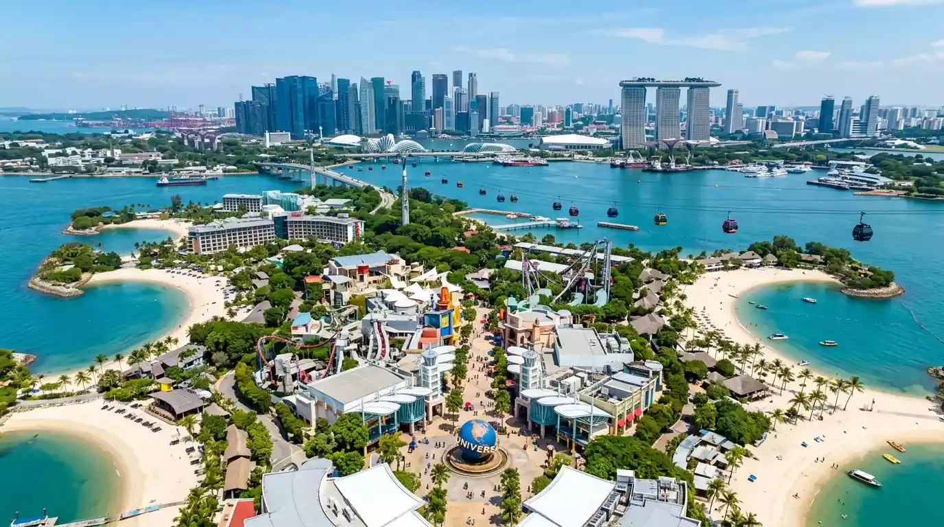 Aerial view of Sentosa Island, Singapore, with beaches and attractions