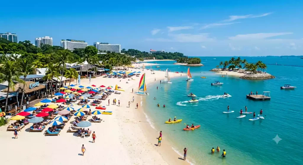 Siloso Beach and its beach clubs on Sentosa Island