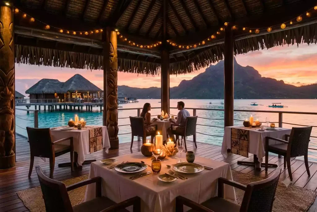 Open-air overwater restaurant dining setup at Four Seasons Bora Bora