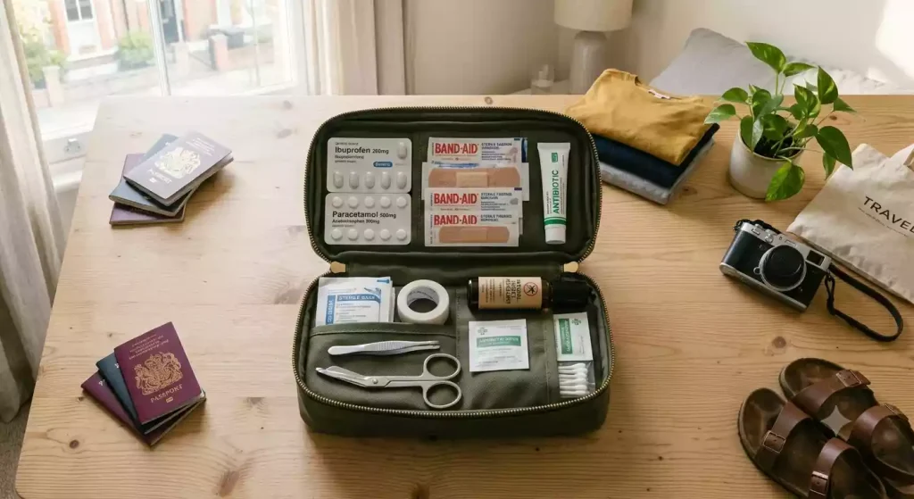 A compact travel health and safety kit