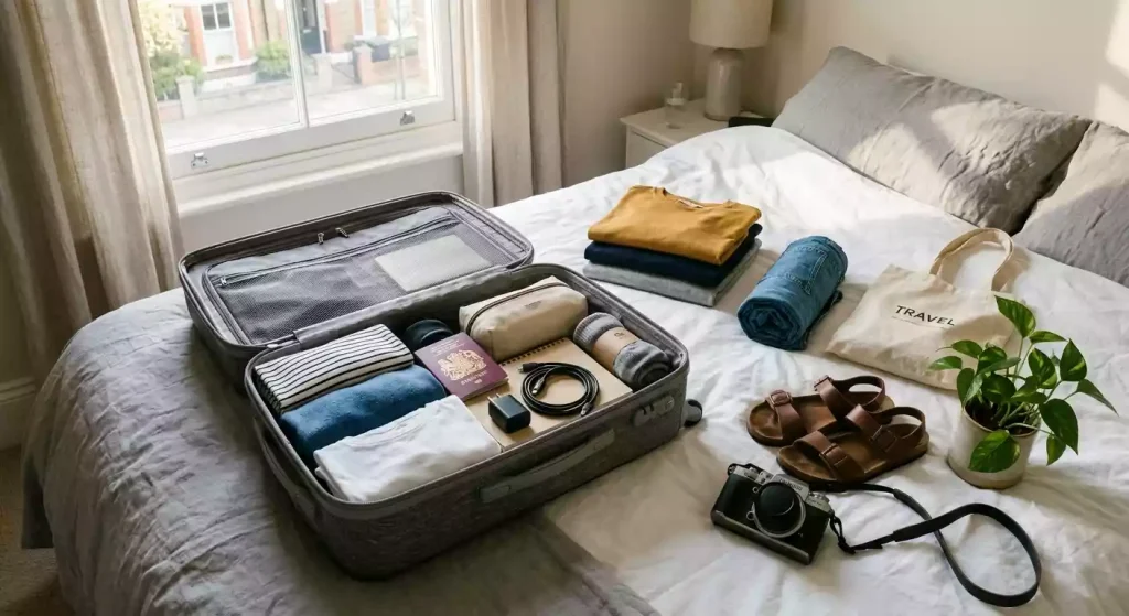 Packing a suitcase using a travel packing checklist
