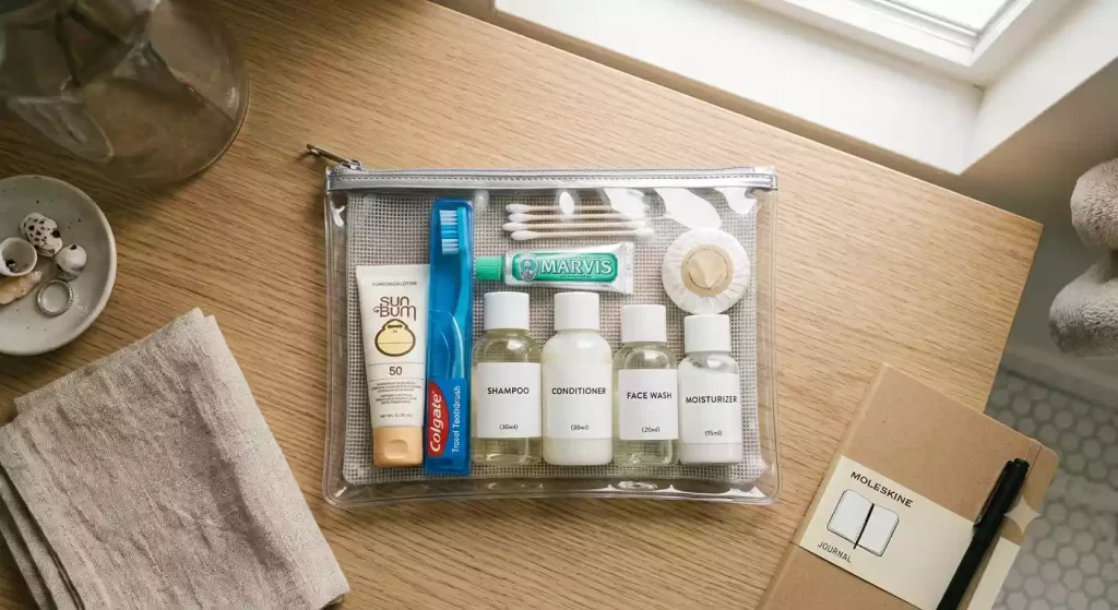 Travel-sized toiletries packed in a clear liquid bag