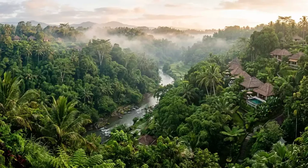 Jungle river valley setting for luxury resorts in Ubud, Bali
