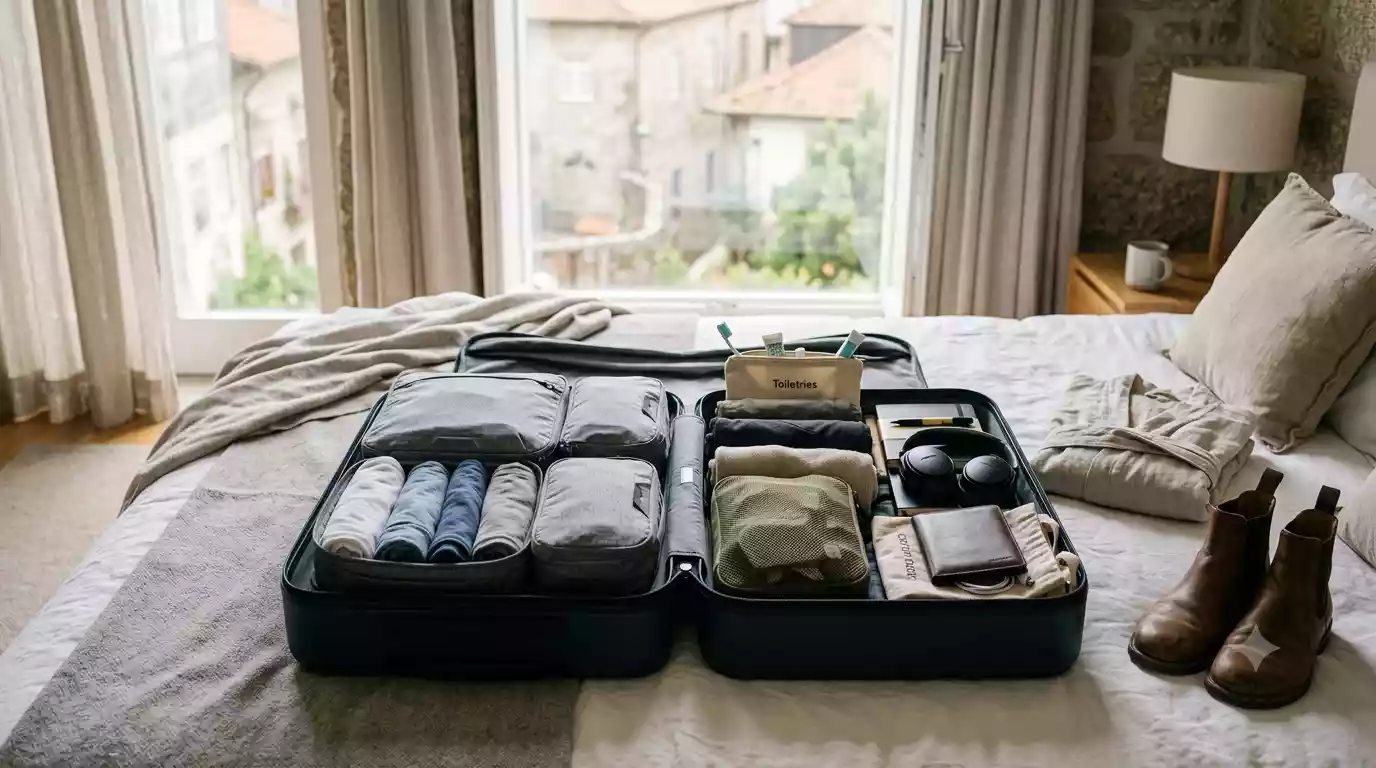 An organized open suitcase for the ultimate travel packing checklist