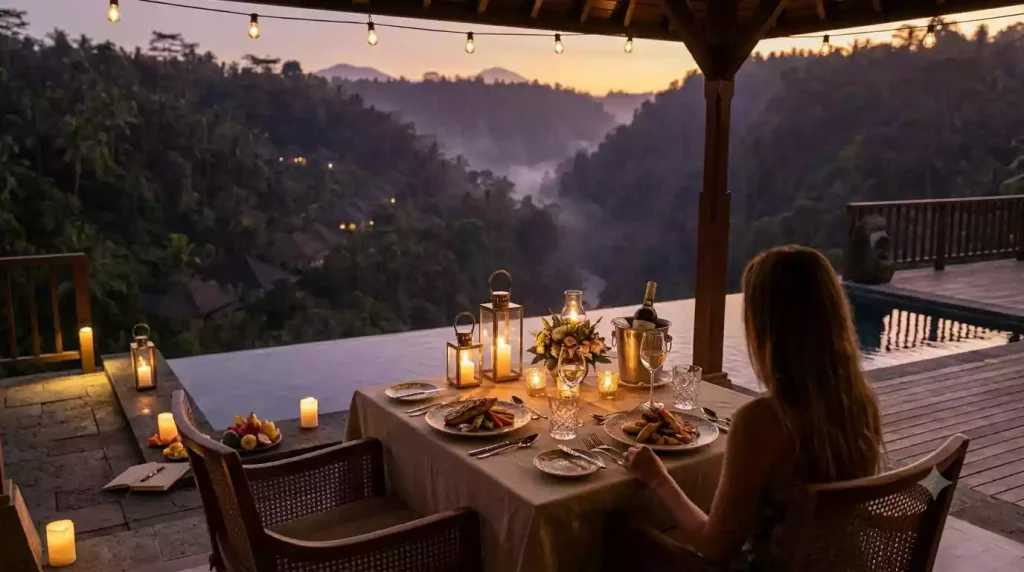 In-villa dining terrace at Viceroy Bali overlooking the valley