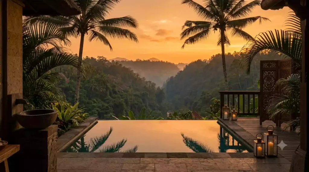 Viceroy Bali villa terrace at sunset overlooking the valley